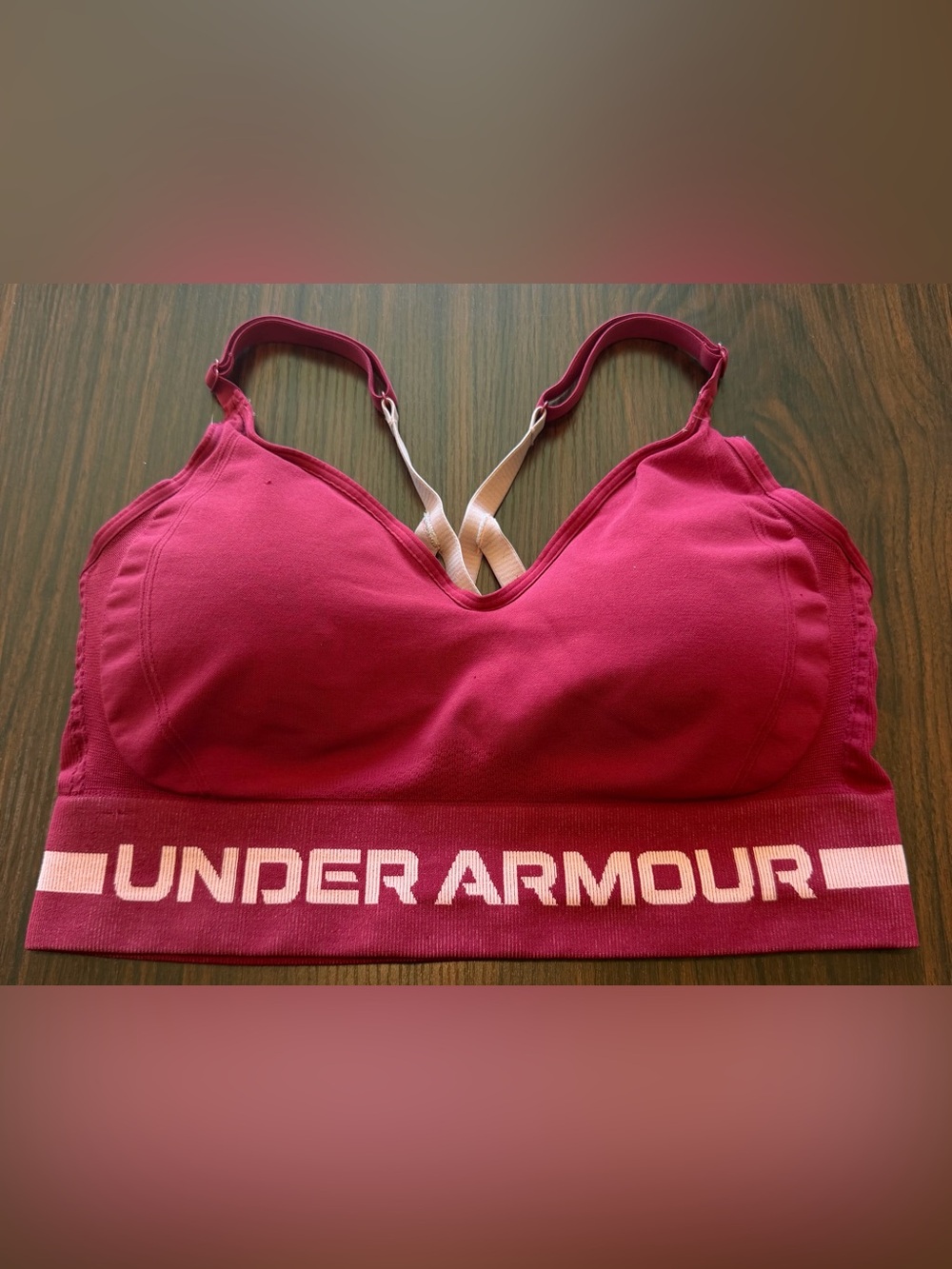 XL Under Armour Sports Bra BURGUNDY with Light Pink logo